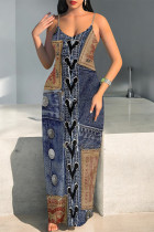 Dark Blue Sexy Faux Denim Print Leopard Contrast V Neck Printed Dresses