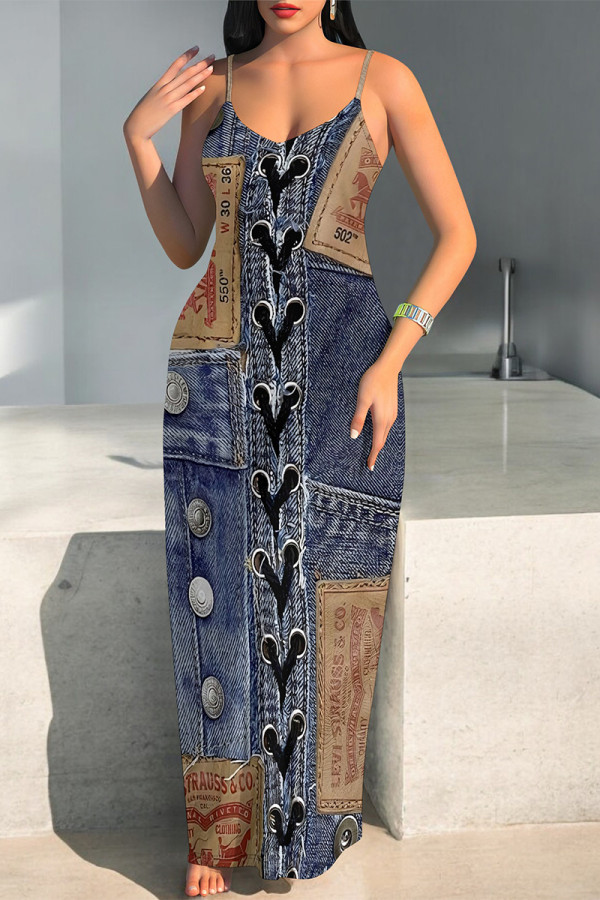 Dark Blue Sexy Faux Denim Print Leopard Contrast V Neck Printed Dresses