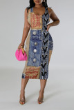 Blue Khaki Casual Faux Denim Print Contrast U Neck Printed Dresses