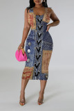 Blue Khaki Casual Faux Denim Print Contrast U Neck Printed Dresses