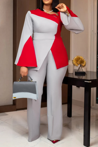 Grey Casual Business Wear Patchwork Slit Contrast Oblique Collar Long Sleeve Two Pieces