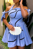 Blue Sexy Stripe Strap Design Halter A Line Dresses