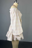 White Sexy Plaid Lace Buckle Strap Design Off Shoulder Printed Dresses
