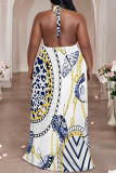 Orange Sexy Colorblock Chain print Newspaper printing Backless Contrast Halter Printed Plus Size Dresses