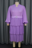 Light Purple Casual Daily Solid Color Patchwork Ruched V Neck Cake Skirt Dresses