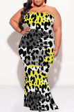 Blue Sexy Colorblock Camouflage Print Colored Diamonds Contrast Strapless Printed Plus Size Dresses