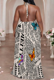 Orange Sexy Colorblock Chain print Newspaper printing Backless Contrast Halter Printed Plus Size Dresses