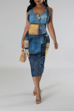Blue Khaki Casual Faux Denim Print Contrast U Neck Printed Dresses