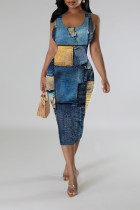 Khaki Casual Faux Denim Print Contrast U Neck Printed Dresses
