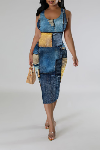 Khaki Casual Faux Denim Print Contrast U Neck Printed Dresses