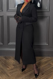 Black Casual Elegant Solid Color Buttons Patchwork Turndown Collar Suit Dresses