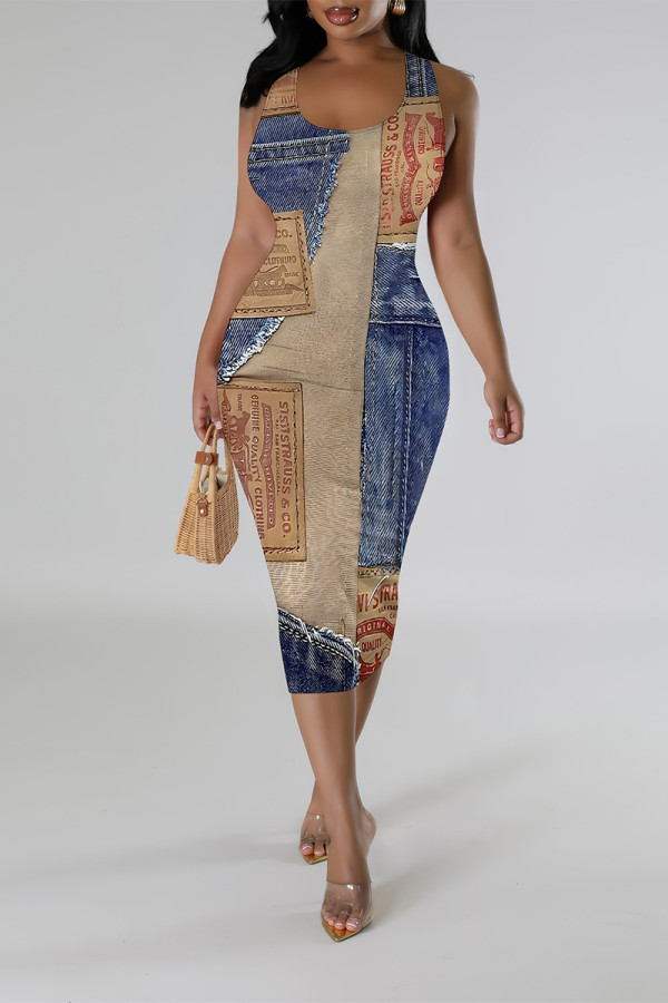 Blue Casual Faux Denim Print Contrast U Neck Printed Dresses