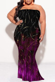 Blue Sexy Colorblock Camouflage Print Colored Diamonds Contrast Strapless Printed Plus Size Dresses
