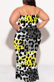 Blue Sexy Colorblock Camouflage Print Colored Diamonds Contrast Strapless Printed Plus Size Dresses