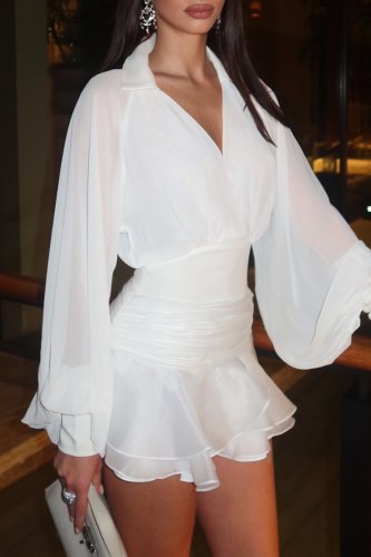 White Elegant Solid Color Ruffled Trim Turndown Collar Long Sleeve Two Pieces