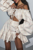 White Sexy Plaid Lace Buckle Strap Design Off Shoulder Printed Dresses