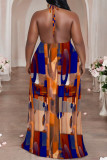 Orange Sexy Colorblock Chain print Newspaper printing Backless Contrast Halter Printed Plus Size Dresses