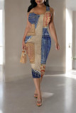 Blue Khaki Casual Faux Denim Print Contrast U Neck Printed Dresses