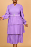Light Purple Casual Daily Solid Color Patchwork Ruched V Neck Cake Skirt Dresses