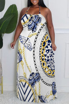 White Sexy Colorblock Chain print Newspaper printing Backless Contrast Halter Printed Plus Size Dresses