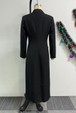 Black Casual Elegant Solid Color Buttons Patchwork Turndown Collar Suit Dresses
