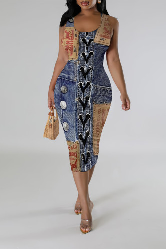 Dark Blue Casual Faux Denim Print Contrast U Neck Printed Dresses
