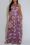 Light Purple Sexy Casual Vacation Print Backless Belted Halter Regular Jumpsuits
