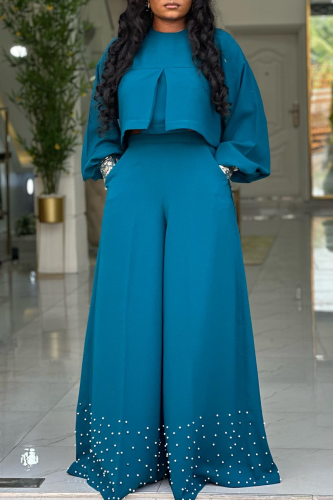 Peacock Blue Casual Solid Color Beading Irregular O Neck Long Sleeve Two Pieces
