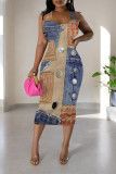 Blue Khaki Casual Faux Denim Print Contrast U Neck Printed Dresses