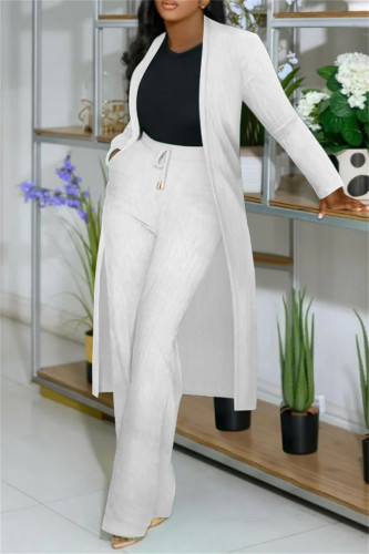 White Casual Solid Color Cardigan Pants Long Sleeve Two Pieces
