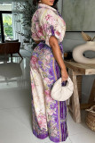 Light Blue Casual Daily Floral Print Basic V Neck Regular Jumpsuits