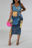 Blue Khaki Casual Faux Denim Print Contrast U Neck Printed Dresses