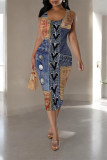 Blue Khaki Casual Faux Denim Print Contrast U Neck Printed Dresses