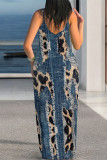 Blue Khaki Sexy Faux Denim Print Leopard Contrast V Neck Printed Dresses