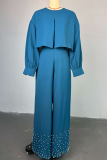Peacock Blue Casual Solid Color Beading Irregular O Neck Long Sleeve Two Pieces