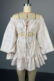 White Sexy Plaid Lace Buckle Strap Design Off Shoulder Printed Dresses