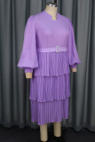 Light Purple Casual Daily Solid Color Patchwork Ruched V Neck Cake Skirt Dresses