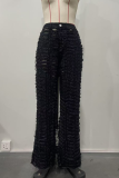 Black Gray Sexy Solid Color Ripped Straight Denim Jeans