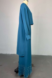 Peacock Blue Casual Solid Color Beading Irregular O Neck Long Sleeve Two Pieces