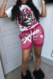 White Red Casual Print Draw String Pocket O Neck Short Sleeve Two Pieces