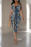 Blue Khaki Casual Faux Denim Print Contrast U Neck Printed Dresses