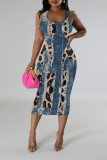 Blue Khaki Casual Faux Denim Print Contrast U Neck Printed Dresses