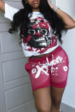White Red Casual Print Draw String Pocket O Neck Short Sleeve Two Pieces