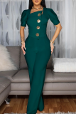 Ink Green Casual Solid Color Buttons Asymmetrical Collar Regular Jumpsuits