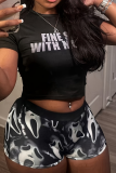 Black Casual Print Draw String O Neck Short Sleeve Two Pieces