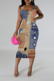 Blue Khaki Casual Faux Denim Print Contrast U Neck Printed Dresses