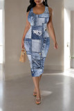 Blue Khaki Casual Faux Denim Print Contrast U Neck Printed Dresses