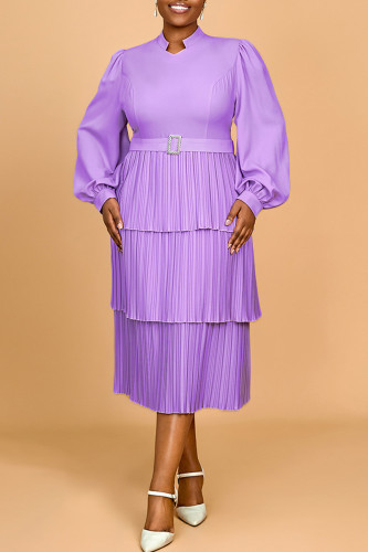 Light Purple Casual Daily Solid Color Patchwork Ruched V Neck Cake Skirt Dresses