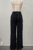 Black Gray Sexy Solid Color Ripped Straight Denim Jeans