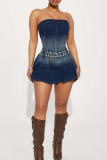 The cowboy blue Sexy Solid Color Zipper Strapless Sleeveless Regular Denim Jumpsuits
